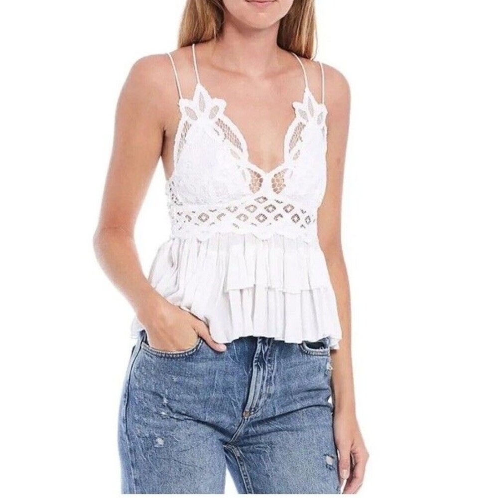 Free People Cami Lace Top Women XS White Adella Ruffled Tank Top Strappy